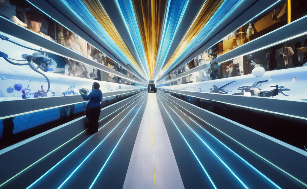 a long hallway with bright blue and yellow lights converging from a central point